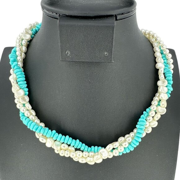 Twisted faux pearl and acrylic turquoise beaded necklace Womens 16" - Picture 4 of 5
